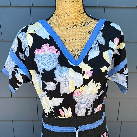 Vintage Chacok Floral V-Neck Dress with Blue Accents cotton side slits - Picture 3 of 13